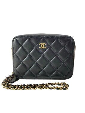 Chanel Shoulder Bag Quilted Mini Black Chain Silver Lambskin